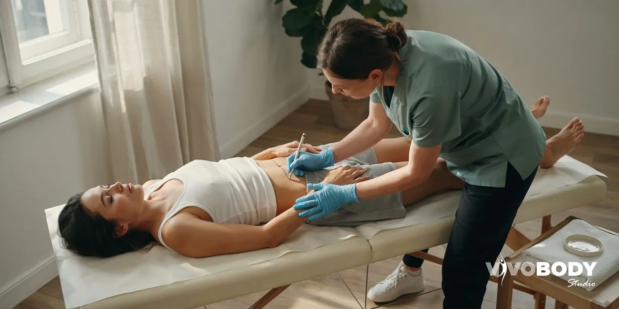 Woman in her thirties lying on a treatment couch while a practitioner draws marking lines on her abdomen