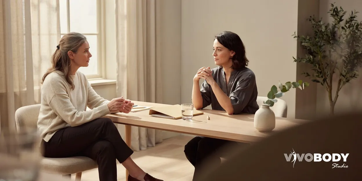 Woman in her forties talking with a practitioner across a desk in a consultation room