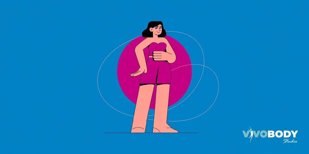 Woman in her thirties standing with one hand resting on her midsection