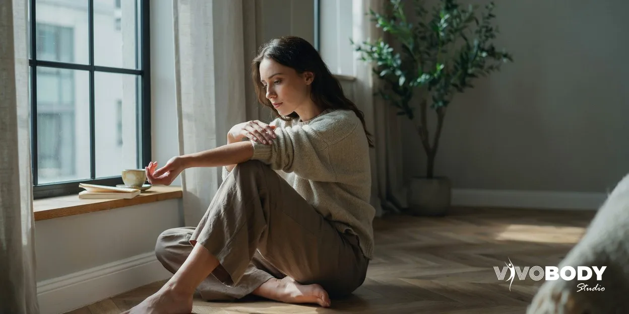 Woman in her thirties examining the skin on her forearm by a window