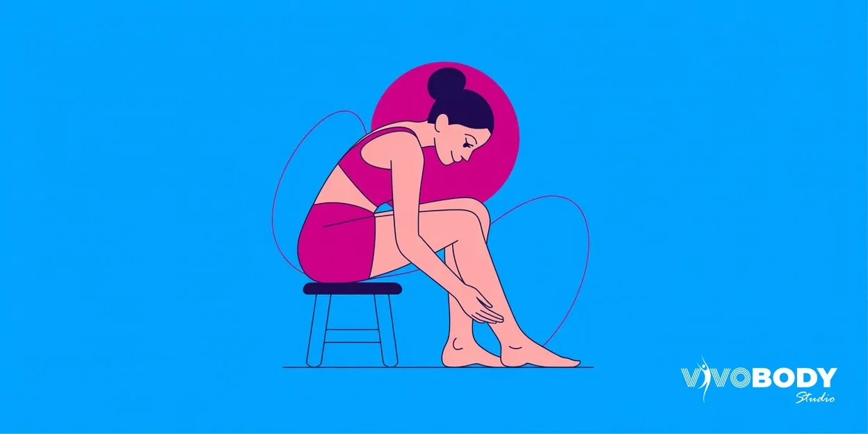 Woman sitting on a stool and looking closely at the skin of her lower leg