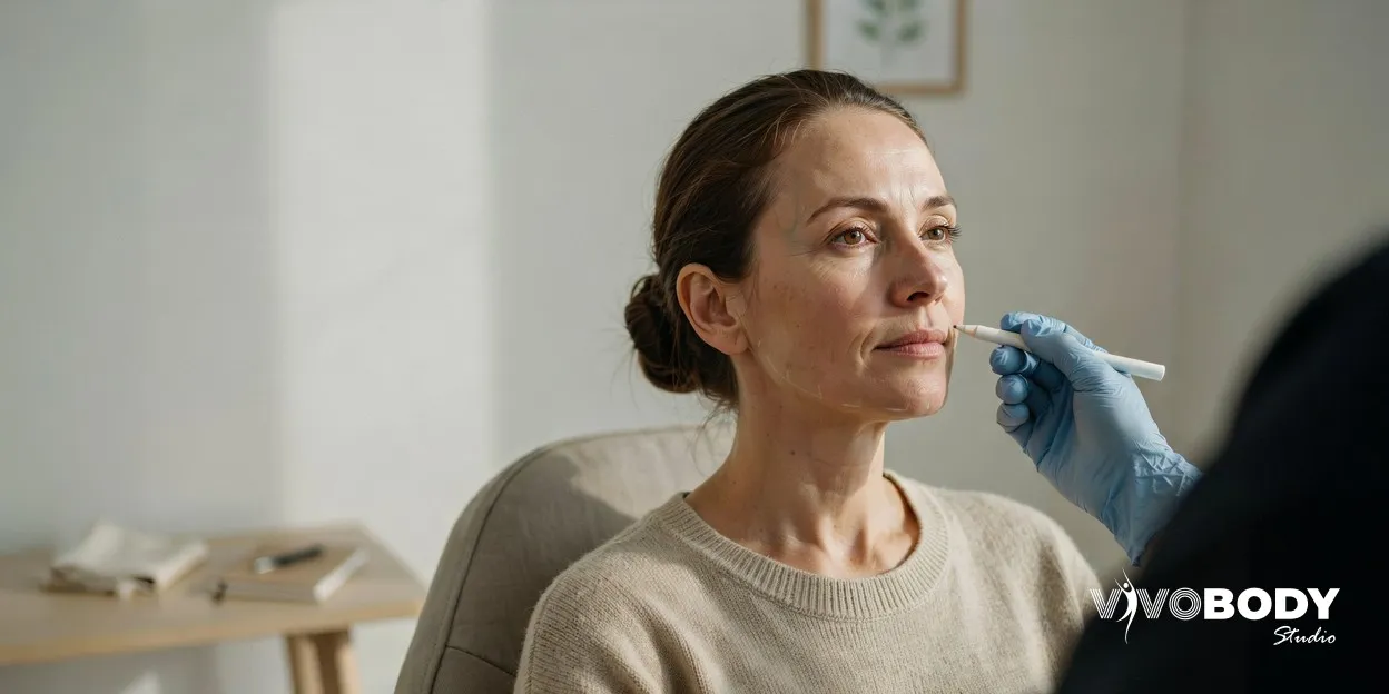 Practitioner in gloves marking treatment zones along a woman's jawline with a white pencil