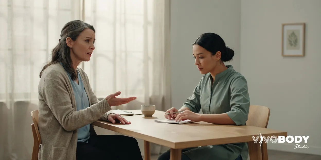 Woman in her fifties talking with a practitioner across a desk in a consultation room